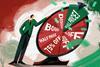 Illustration of a man in a suit spinning a wheel that lists several promotions alongside 'Full price!'