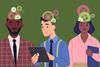 Illustration of three professional figures with cogs in their brains, one holding a tablet and one a clipboard